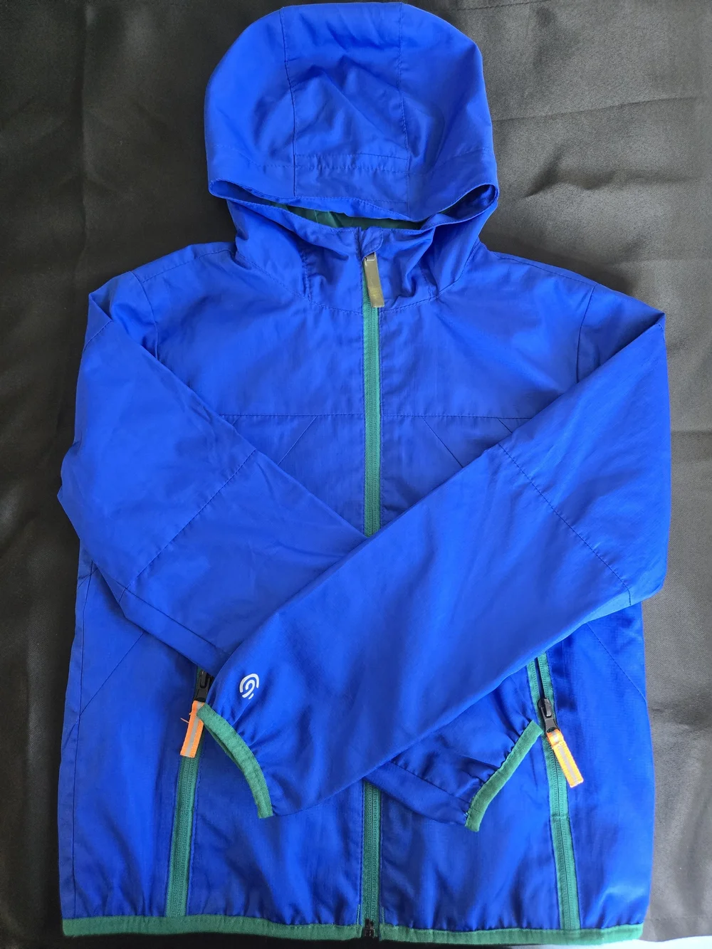 Champion Bright Blue Hooded Raincoat with Green Zippers